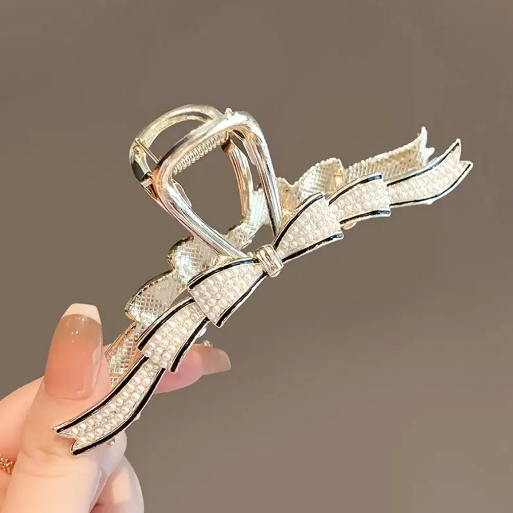 NEW Beautiful Luxury Gold Black Bow Crystal Pearl Hair Clip
